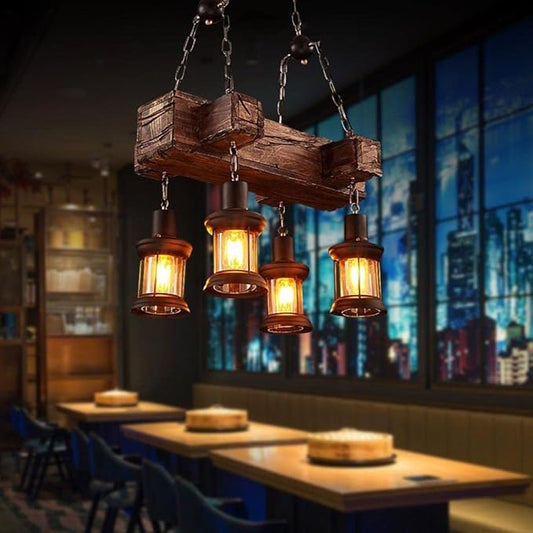 A Million Rustic Industrial Retro Chandelier with 4 E26 Light and Adjustable Hanging Chain, Vintage Wood Grain Pendant Light for Farmhouse Lighting Fixture 21.6 x 15 Inch