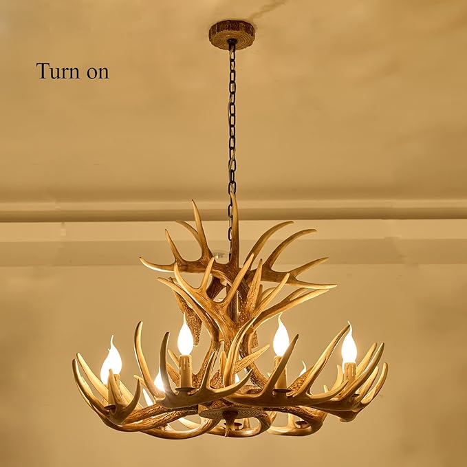 Rustic Antler Chandelier 9-Light, Farmhouse Deer Antler Chandelier Lighting, Retro Antler Light Fixtures for Living Room Dinning Room Kitchen Foyer Bar Store (9 lamp arms + 6arms)