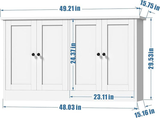 holzart White Buffet Cabinet with Storage, 49" Modern Kitchen Sideboard with 4 Doors & Adjustable Shelves, Wood Coffee Bar Cabinet Console Table for Dining Room, Living Room, Entryway