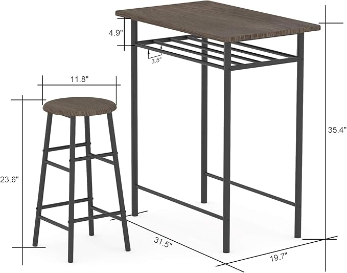 Weehom Bar Table with 2 Bar Stools, Pub Dining Height Table Set, Kitchen Counter with Bar Chairs,Bistro Table Sets for Kitchen Living Room, Built in Storage Layer, Easy Assemble