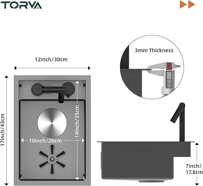 TORVA RV Sink, 12 x 17 Inch Undermount Bar Sink Premium Stainless Steel RV Kitchen Sink Cup Rinser - 7 Inch Deep Basin Single Bowl Sink, Grey