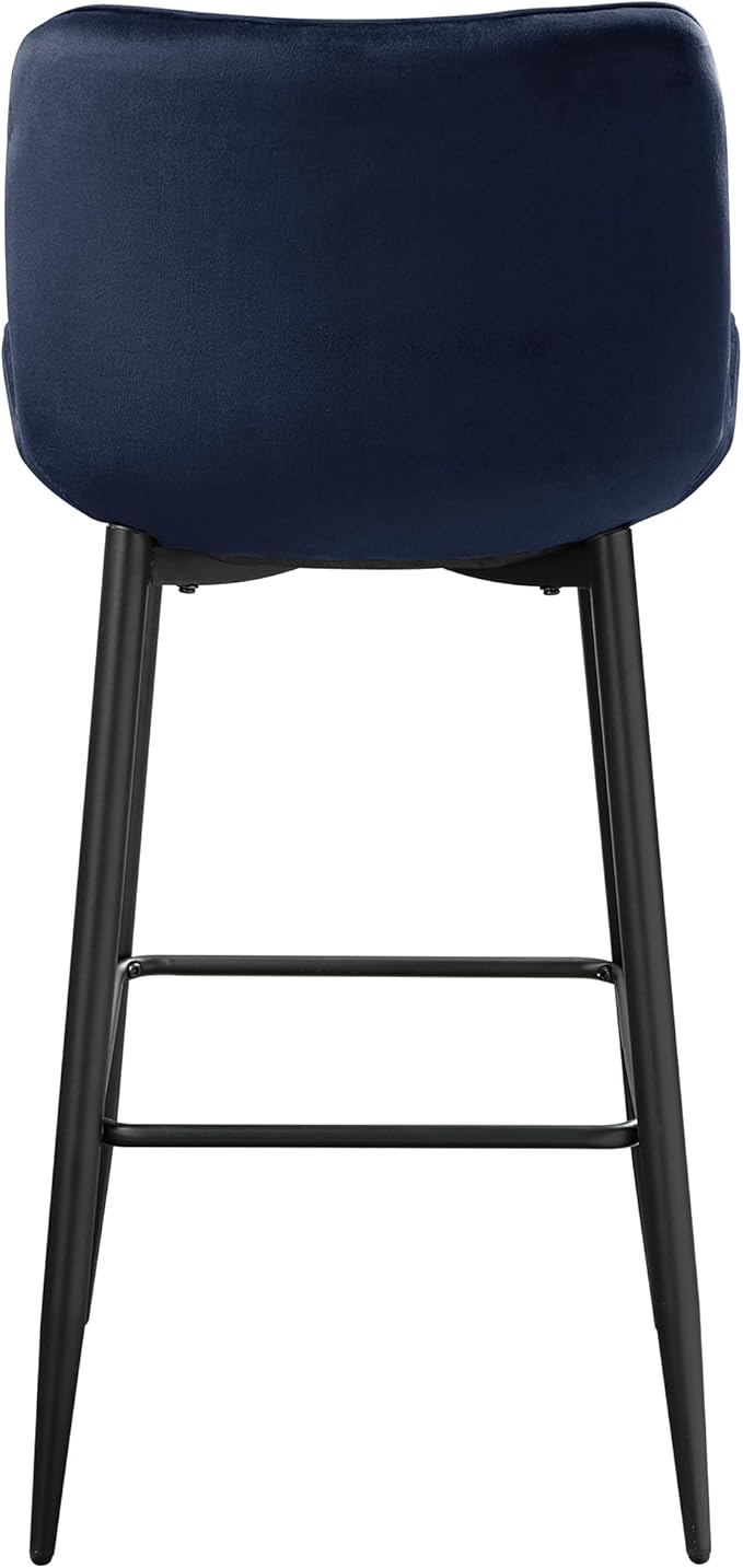 Lexicon Bar Stools Set of 2 - Bar Height Stools for Dining Room, Kitchen, Solid Padded Back, Tall, Black Metal Finish and Blue Velvet Cushion Seat, 29''SH