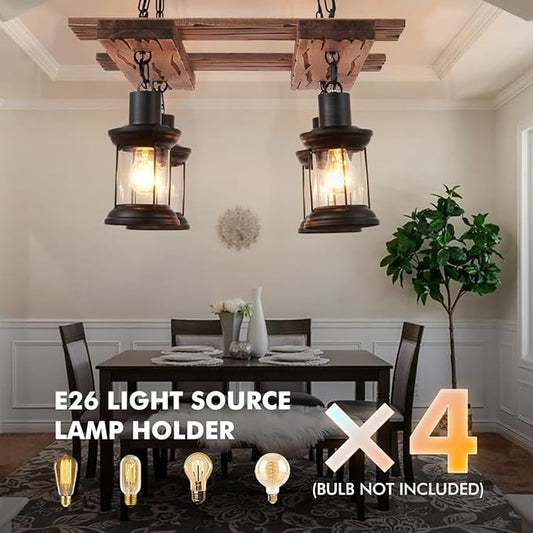 A Million 24" Farmhouse Chandelier, 4 Light Pendant Chandeliers for Dining Room, Retro Kitchen Lighting Fixtures with E26 Socket, Rustic Wood Pendant Lights for Hallway Bar Cafe Foyer