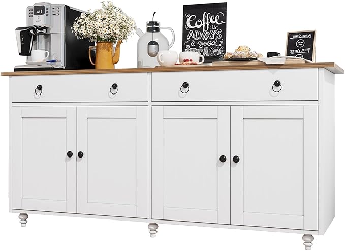 4 EVER WINNER 55" Large Buffet Cabinet with Storage, mid-Century Modern Coffee Bar Cabinet with 2 Drawers, 4 Doors & Adjustable Shelves, White Sideboard for Kitchen, Dining Room