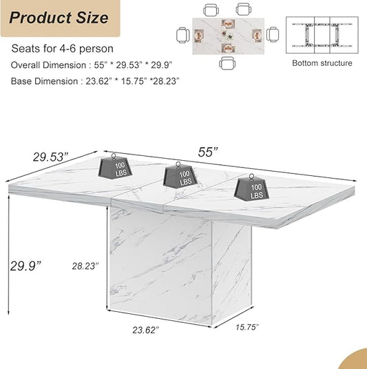 HSH 55 inch Dining Table for 4, Modern White Faux Marble Dining Room Table, Rectanglur Kitchen Table with Heavy Duty Pedestal, Wooden Eating Dinner Desk for Home,Living Room, White Marble, 55 Inch