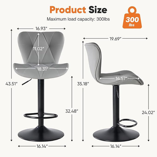 Sweetcrispy Modern Bar Stools Set of 4, Adjustable Faux Leather Upholstered Swivel Bar Stools, Counter Height Bar Chairs with Back for Kitchen Island, Grey
