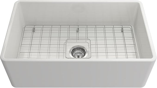 BOCCHI Classico White Apron Front Fireclay 30 in. Single Bowl Kitchen Sink with Protective Bottom Grid, Strainer, and Stainless Steel Faucet