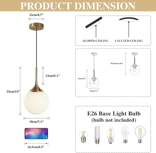 KCO Lighting 7” Small Milk Glass Pendant Light Gold Globe Kitchen Pendant Lights Vintage White Glass Hanging Light Fixture Mid Century Modern Dining Room Ceiling Light Fixture (2 Pack)