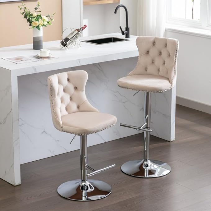 17.7 inch Base, Modern Upholstered Bar Stools with Backs Comfortable Tufted for Home Pub and Kitchen Island,Gray,Set of 2 (Foam + Beige + Velvet)