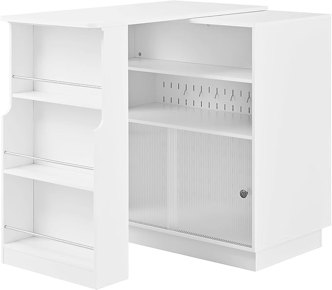 Modern Expandable Dining Table with Open Storage Shelf, Kitchen Island with Sliding Doors, Buffet Cabinet with Aluminum Alloy Handles (White)