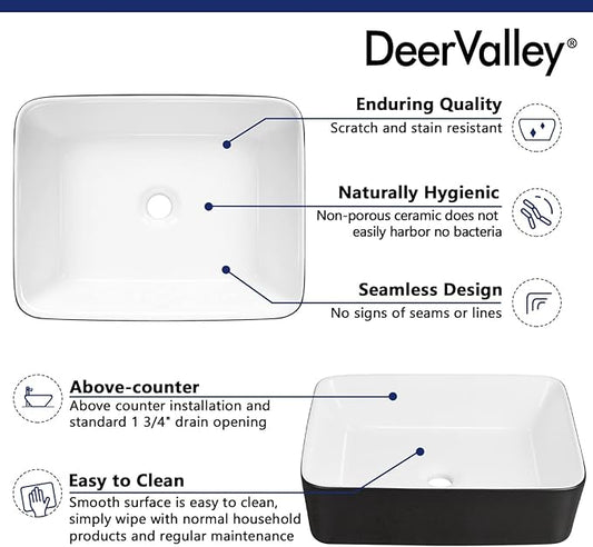 DeerValley DV-1V0001 Bathroom Vessel Sink 19" x 15" Above Counter Sink Rectangle Ceramic Bathroom Sink, Black and White Sinks
