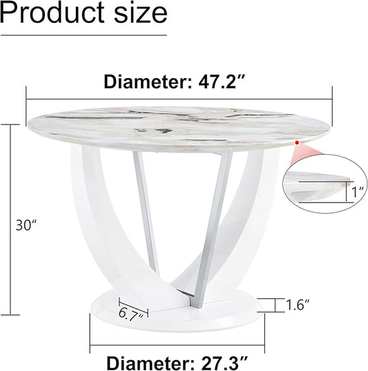 JUFU Round Dining Table for 4/6, 47 Inch Faux Marble Look Dining Room Table, White Kitchen Table with Stable Pedestal, Modern Glass Dining Table for Kitchen,Living Room,Apartment,Restaurant