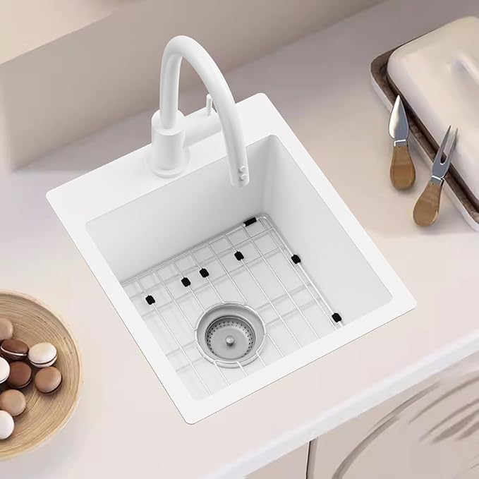 White Kitchen & Bar Sink, 15x17 Inch Stainless Steel Kitchen Sink Single Bowl Topmount Kitchen Sink With Sink Grid And Drain Assembly Bright White Bar Sink Enhance Aesthetic Appeal Of Modern Kitchen