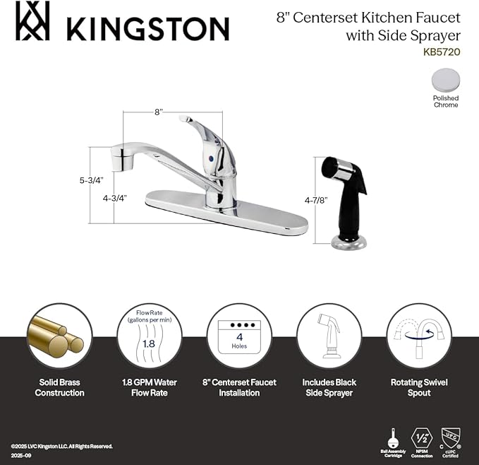 Kingston Brass KB5720 Chatham Single Lever Handle Kitchen Faucet with Side Sprayer, 8-Inch, Polished Chrome
