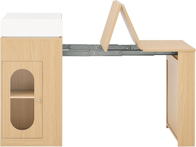 Extendable Dining Table with Folding Tabletop, Bar Table with Drawers and Power Outlet, Kitchen Island with Wheels and Hooks for Kitchen, Dining Room, Natural+Creamy White