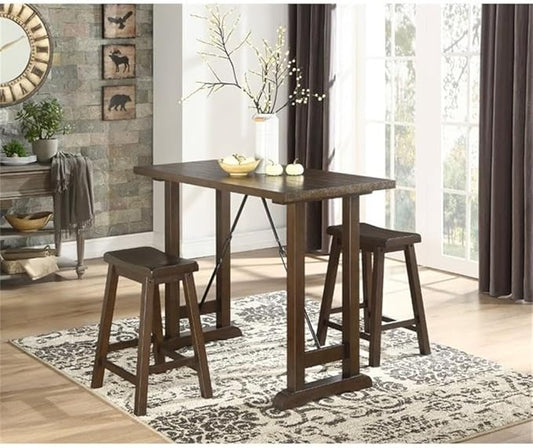 Pemberly Row 3 Piece Wood Counter Height Dining Set with Saddle Stools, Small Farmhouse Bar Table for 2 People, Tall Dinette Set for Smal Space, Dark Brown