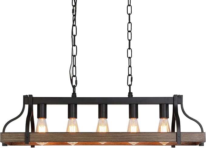 MEIXISUE Rustic Kitchen Island Dining Room Light Fixture Farmhouse Linear Chandelier Black and Retro Wood Finish 5-Light Industrial Metal Hanging Pendant Light UL Listed L33.5 W10.6