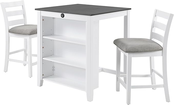 Bar Table Set with Charging Station & 3-Tier Storage, Space-Saving Dining Table Set for 2 with Upholstered Chairs, Small Kitchen Island for Apartment (36 Inch+Off White)