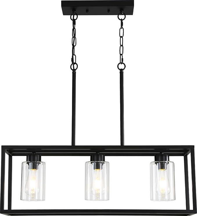 Black 3-Light Dining Room Light Fixture, Modern Farmhouse Chandeliers, Linear Rectangular Kitchen Island Lighting, Industrial Vintage Pendant Lighting with Clear Glass Shade Height Adjustable