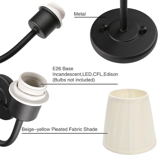 PERMO Vintage Double Sconce Black 2 Light Sconces with Pleated Beige Stripe Fabric Shades Wall Sconces Hardwired Light for Bathroom Bedroom Hallway