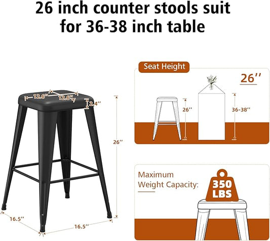 Backless Bar Stools Set of 2, Upholstered Faux Leather Counter Height Stools with Sturdy Metal Legs, 26 Inch Barstools for Kitchen Island (Black)