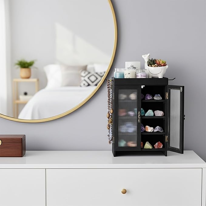 Ikee Design Wooden Countertop Storage Cabinet with Wavy Magnetic Door, Adjustable Shelves, Removable Hooks. Perfect for Perfume, Figurines, and Coffee Cups, Black Color, 10.4 W x 6.1 D x 14.4 H in