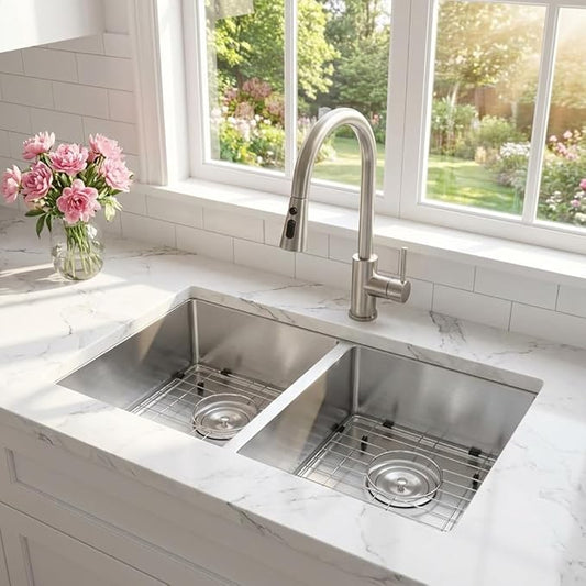 GarveeTech Kitchen Sinks,33×19×10 inch Double Bowl Undermount Kitchen Sink – Brushed 304 Stainless Steel with 2.0mm Rim, 1.0mm Bowl, Deep Basin Design, Bottom Grids & Drain Assembly
