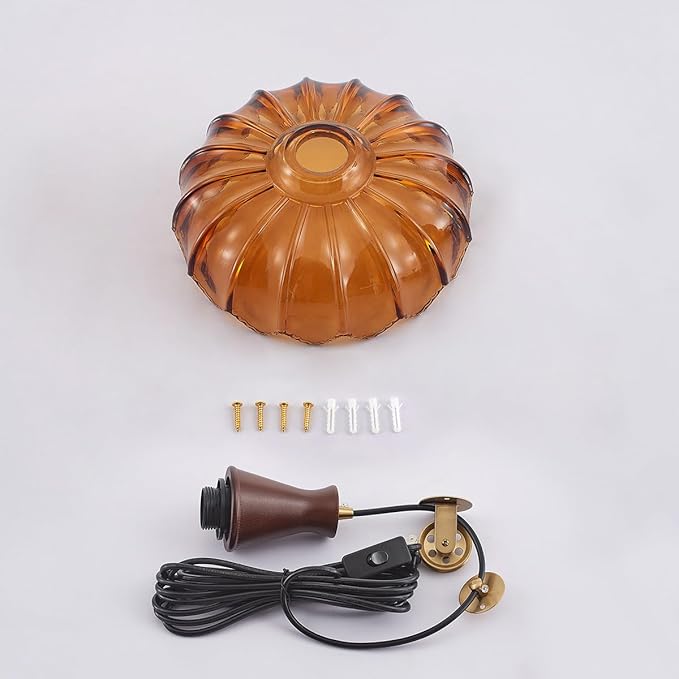 YLONG-ZS Plug in Pendant Light,Hanging Light Plug in Vintage Flower Glass Walnut Wood Pendant Light, Modern Gold Pulley Hanging Lamp for Kitchen Island, Bedroom, Dining Room, Living Room,Corner
