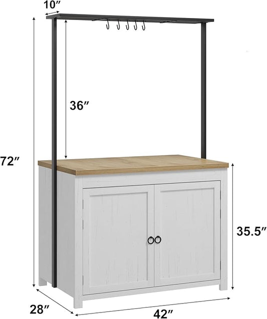GarveeHome Kitchen Island with Storage 42 in - Heavy Duty Kitchen Cart, Mobile Kitchen Island with 2-Tier Shelves & 5 Hooks, Solid Wood Countertop for Small Spaces (White & Natural)