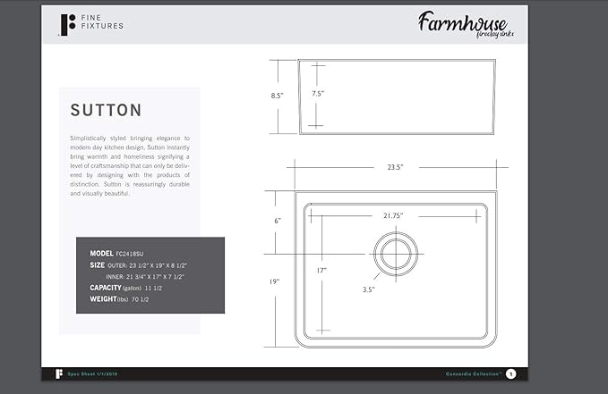 Fine fixtures Sutton Fireclay sink, 24" Apron Front Farmhouse Kitchen Sink. Solid (Not Hollow)