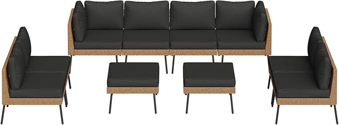 Aoxun 10 Piece Patio Furniture Set, 10 Seats Outdoor Sectional Sofas with Thick Cushion, Wicker Outdoor Patio Furniture Set with Ottomans for Party, Garden, Backyard, Black