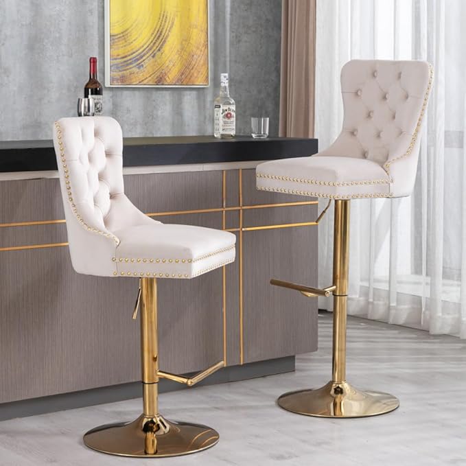 Set of 2 Thick Chrome Swivel Velvet Barstools,Adjustable 25-33" Height,with17.7 Base,Sponge&Spring Seat,for Home Pub&Kitchen Island(Blue) (Beige + Velvet + Foam)