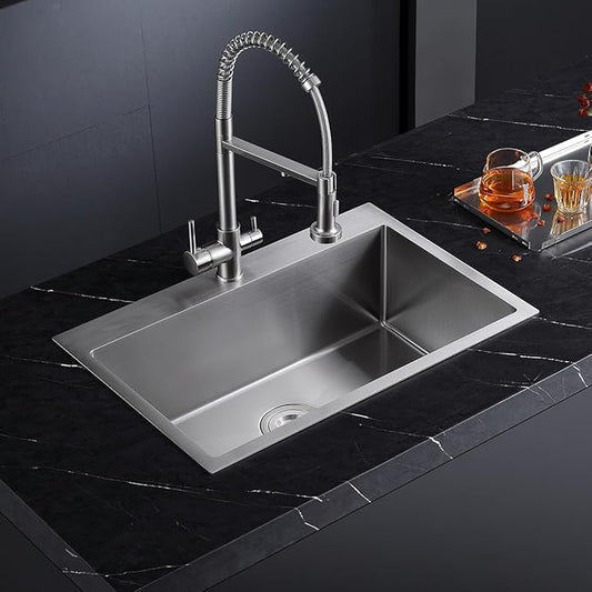 25x18 inch Drop-in Kitchen Sink Single Bowl with 2 Holes, 18 Gauge Stainless Steel Handmade Residential Topmount Kitchen Sink 9 inch Deep Basin Bowl (Brushed Nickel)
