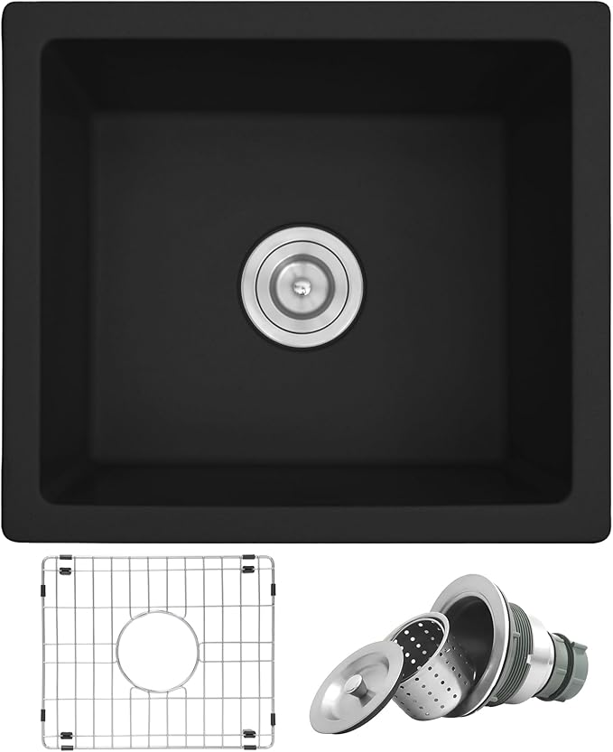 Rhbamoa Black Bar Sink Granite Composite,18''x16'' Matte Black Bar Sink Undermount,9 Inch Depth Small Single Bowl Quartz Kitchen Sinks with Accessories