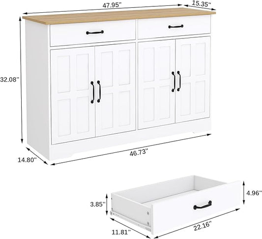 Locsear White Buffet Cabinet, Coffee Bar Cabinet with 2 Drawers & 4 Doors, Kitchen Buffet Sideboard for Living Room (15.35" D x 47.95" W x 32.08" H)