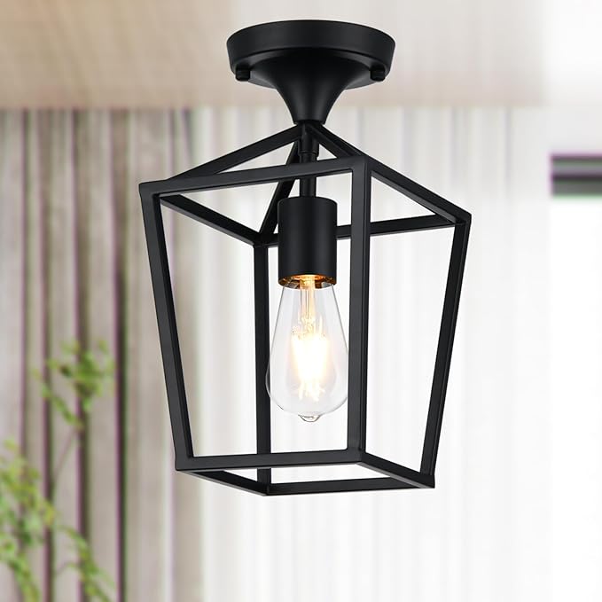 【Upgraded】Semi Flush Mount Ceiling Light, Black Industrial Ceiling Light Fixtures, Farmhouse Light Fixture for Hallway Stairway Garage Living Room Dining Room Balcony(Not waterproof, Not for Outdoor)