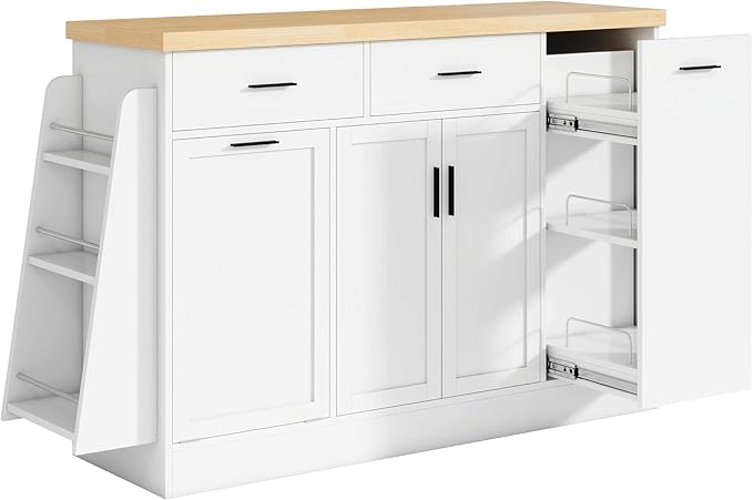 TREXM Multi-Functional Storage Sideboard, Trash Can Storage, Sliding Door Cabinet & 3-Tier Spice Rack,Kitchen Island Table for Kitchen, Dining Room (White) WL,WhiteParticleBoardMD