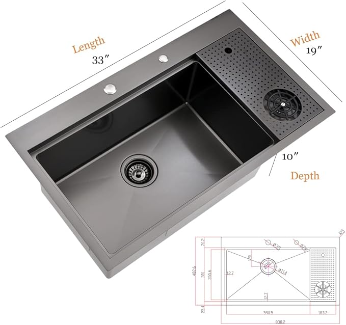 33x19 Drop In Kitchen Sink-Bokaiya 33 Inch Drop In Kitchen Sink with Cup Washer Black Stainless Steel Topmount Sink 16 Gauge Single Bowl Kitchen Sink with Cutting Board