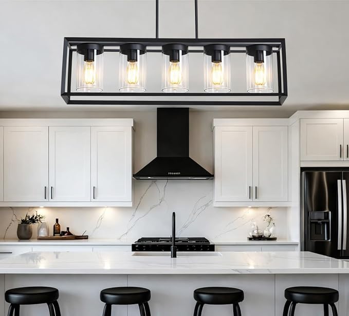 Modern 5-Light Black Rectangular Farmhouse Chandeliers, Linear Dining Room Light Fixture with Clear Glass Shades, Kitchen Island Lighting Fixtures over Table Ceiling Hanging Pendant Lights