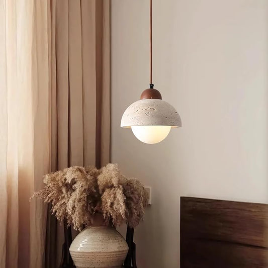 Japanese Wabi sabi Pendant Light with Natural Stone Shade, Dimmable Modern Wood Hanging Lamp Fixture, Adjustable Height Pendant Lamp for Bedroom, Kitchen Island, Dining Room, Restaurant, Cafe, Bar (D)