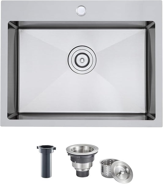 ROVATE 24 x 18 inch Drop-in Kitchen Sink Single Bowl, Topmount Stainless Steel Sink with1 Hole, Handmade Overmount Kitchen or Bar Sinks with Basket Strainer