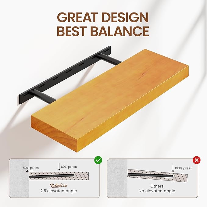 Heimlove Pine Wood Floating Shelves, 8 Inch Deep Real Wood Shelves Set of 2, Wall Mounted Rustic Wood 24x8 Floating Shelf with Invisible Brackets for Bedroom Kitchen Living Room - Honey Oak