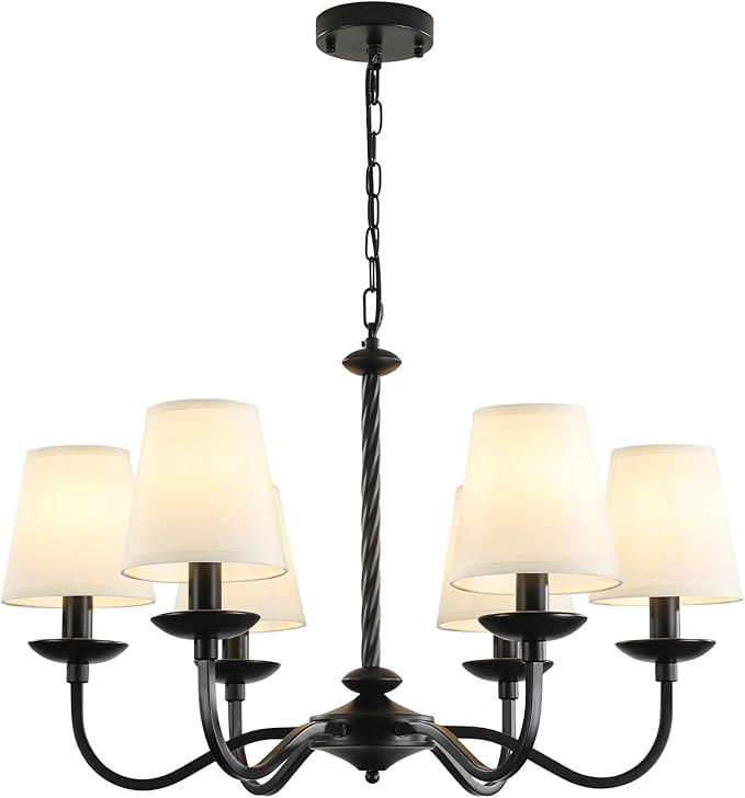 6-Light Black Farmhouse Chandelier, Modern Dining Room Light Fixture with White Fabric Shade,Kitchen Island Pendant Light Fixture for Bedroom Living Room