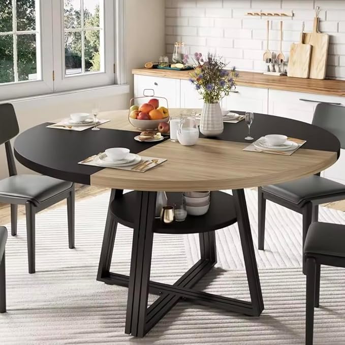 GarveeHome 47 Inch Round Dining Table for 4-6, Farmhouse Pedestal Kitchen Table with Storage Shelf, Space-Saving Circle, for Kitchen, Dining Room, Living Room, Apartment, Table Only- Natural & Black