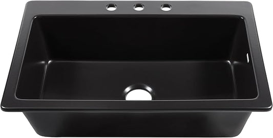 Sinkology Jackson 33 Inch Black Fireclay Drop-In Kitchen Sink, Single Bowl, 3 Faucet Holes, Fits 36 Inch Cabinet, Surefire Finish