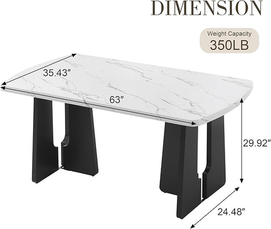 63" Faux Marble Island Table, Rustic Dining Table with 350Lbs Capacity, Farmhouse Dining Table with Geometric Legs for Family Meals, White+Black