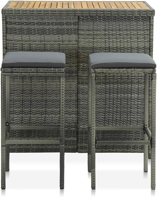 3 Piece Bar Set with Stools Modern Grey Rectangular Table and 2 Seating Stools Synthetic Poly Rattan Lightweight for Indoor Outdoor Dining Room Kitchen Bistro