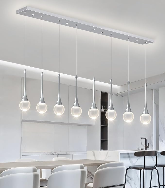 Rectangular Crystal Pendant Lights for Kitchen Island 8 Light Dimmable Crystal Chandelier Lighting Fixtures with Remote for Dining Room Living Room Silver