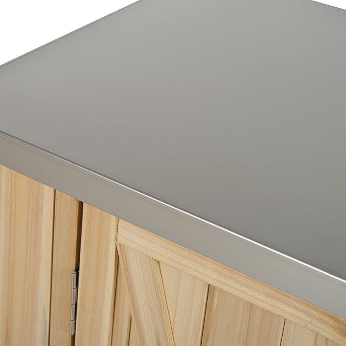 YOPTO Outdoor Kitchen Island Fir Wood Kitchen Island with Stainless Steel Top,Ample Storage Space,Towel and Spice Racks and a Bottle Opener for Outdoor,Natural