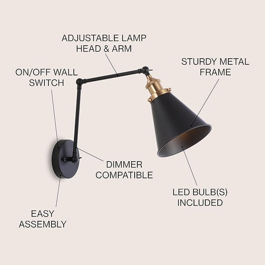 JONATHAN Y 7" Black/Brass Gold Classic Industrial Metal Adjustable Arm LED Wall Sconce for Bedside Reading, Farmhouse Swing Arm Wall Lamp with Metal Shade, Hardwired (JYL7462A)